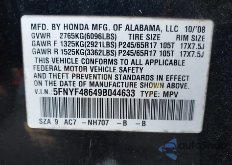 2009 Honda Pilot Ex-L из США, поврежденный, VIN 5FNYF48649B044633